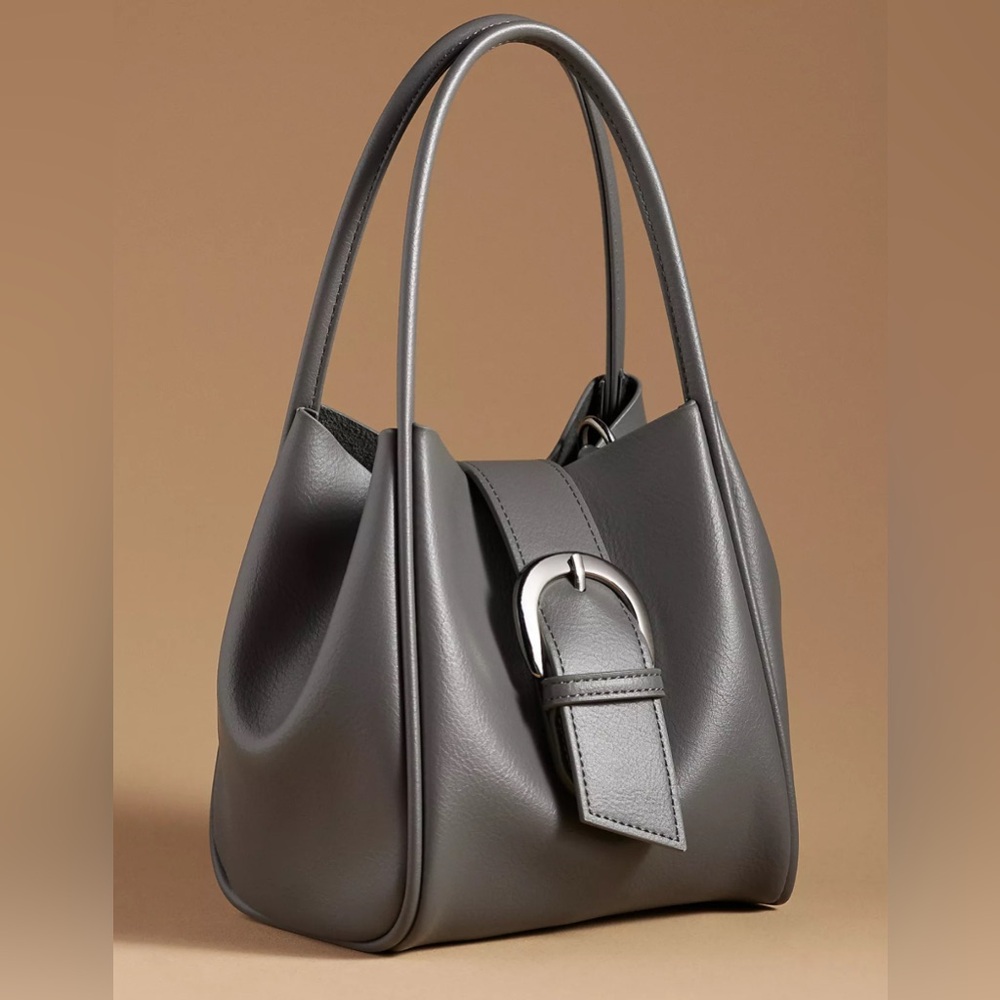 Anthropologie Gray Leather Buckle-Front Crossbody Bag